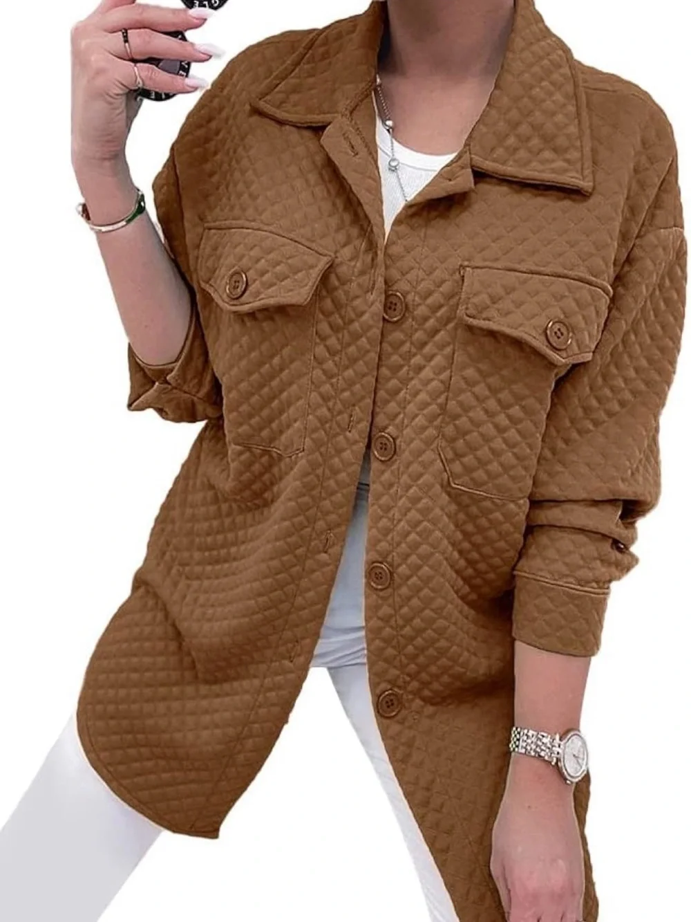Quilted Khaki Brown Button-Front Shacket